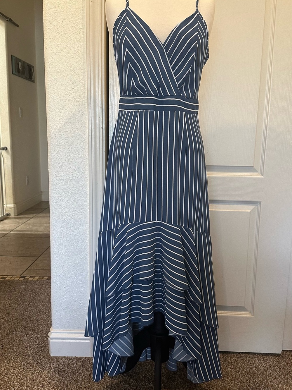 Striped Navy High-Low Maxi Dress with V-Neck